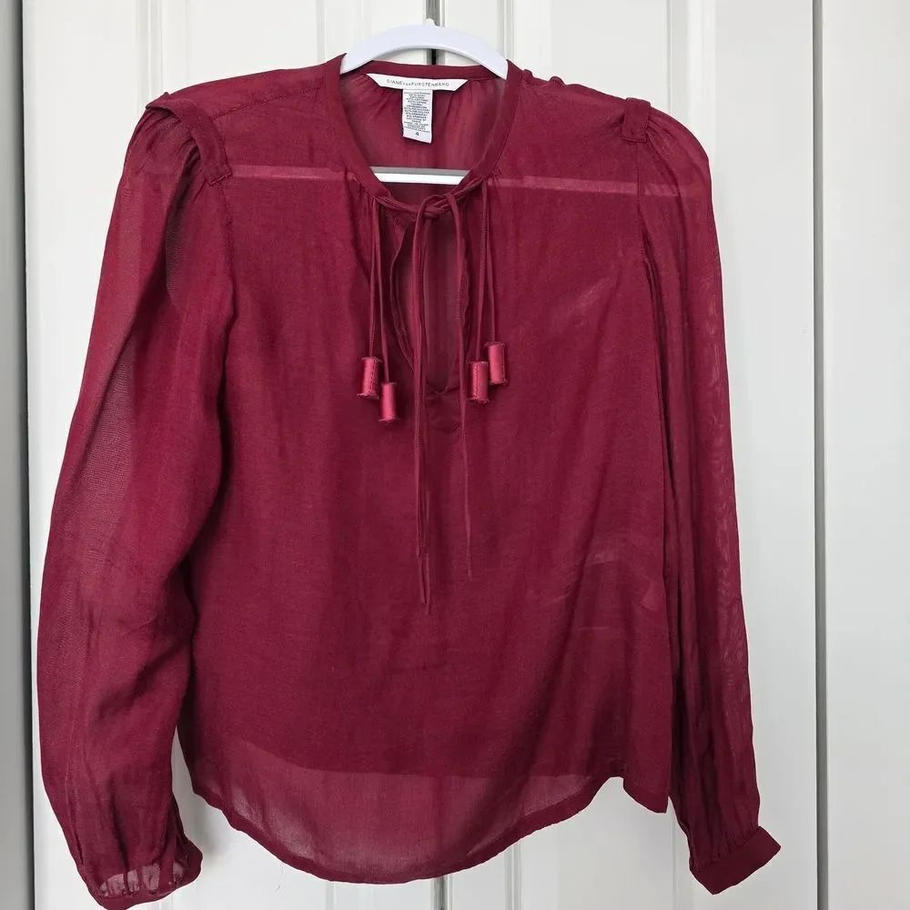 Diane von Furstenberg Burgundy Tie-Neck Sheer Blouse